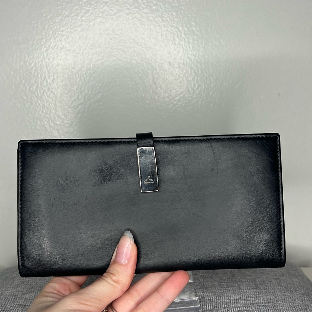 Gucci Black Leather Long Bifold Flap Wallet
